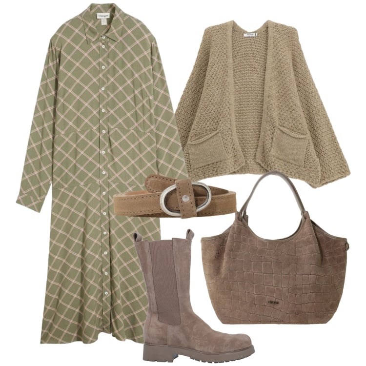Outfit donna - Chemisier in città. Stile Urban per Tutti i giorni. Abbinamento con stivali, vestiti chemisier, borse a spalla, cinture, cardigans.