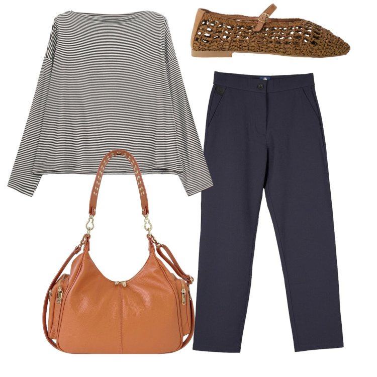 Outfit donna - Aperitivo di Settembre. Stile Casual chic per Tutti i giorni. Abbinamento con ballerine, t-shirt, borse a spalla, pantaloni chino.