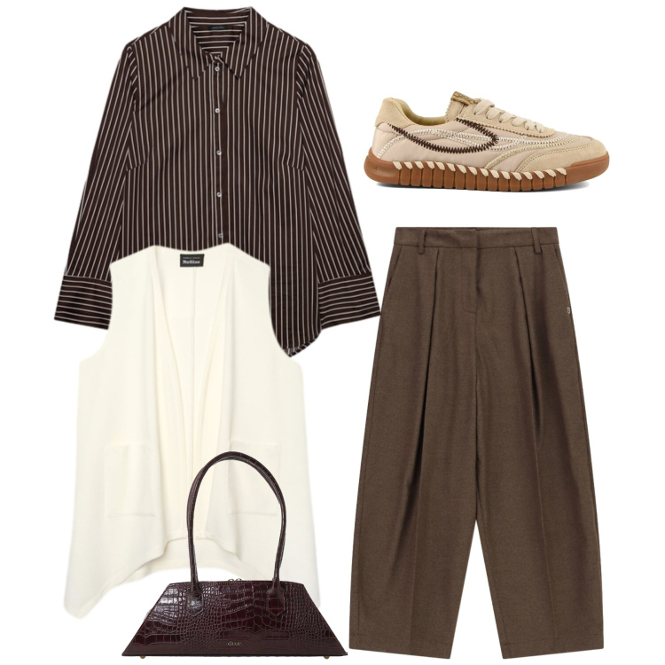 Outfit donna - Chic Urban Layering. Stile Bon Ton per Tutti i giorni. Abbinamento con borse a spalla, pantaloni a palazzo, gilet, camicie, sneakers.