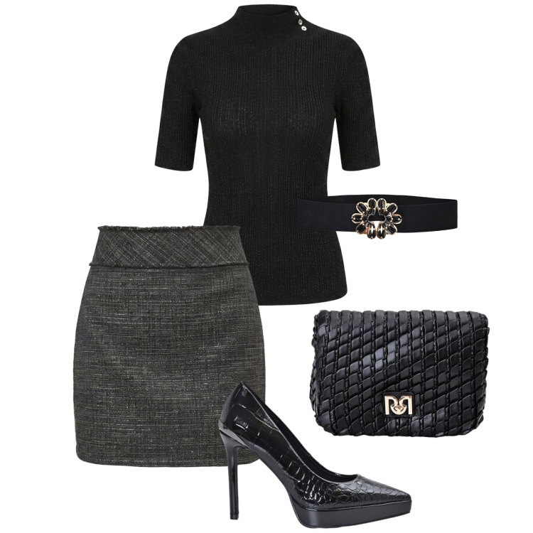 Outfit donna - Minimal chic ufficio e cena. Stile Chic per Tutti i giorni. Abbinamento con borse a tracolla, cinture, décolleté, maglieria, minigonne.
