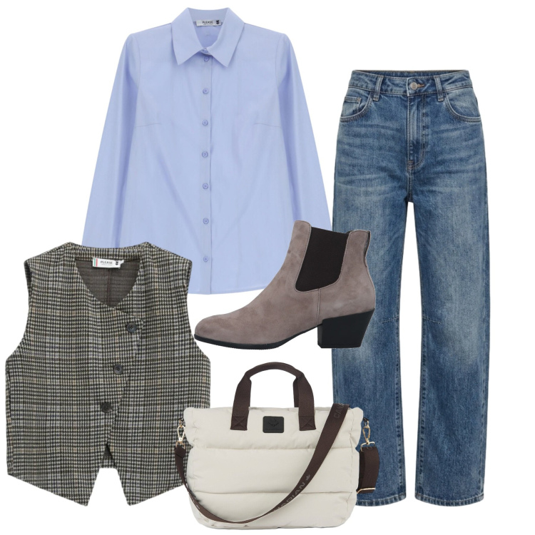 Outfit donna - Chic Urban Layering. Stile Casual chic per Tutti i giorni. Abbinamento con stivaletti chelsea, gilet, camicie, borse tote, jeans.