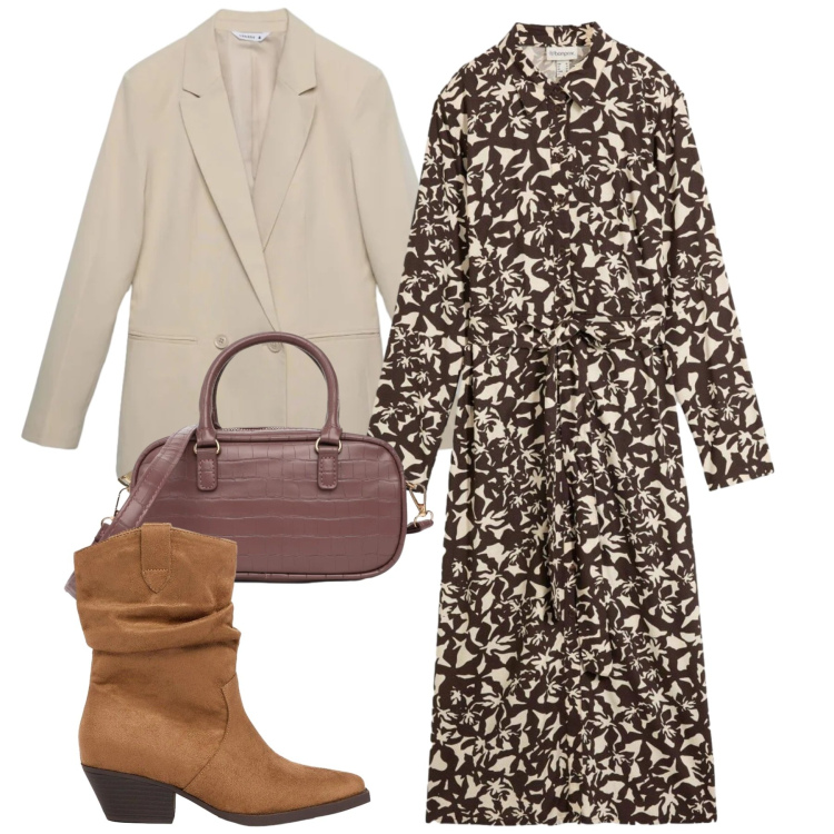 Outfit donna - Chemisier di Transizione. Stile Bon Ton per Tutti i giorni. Abbinamento con vestiti chemisier, stivaletti texani, blazer, borse a tracolla.