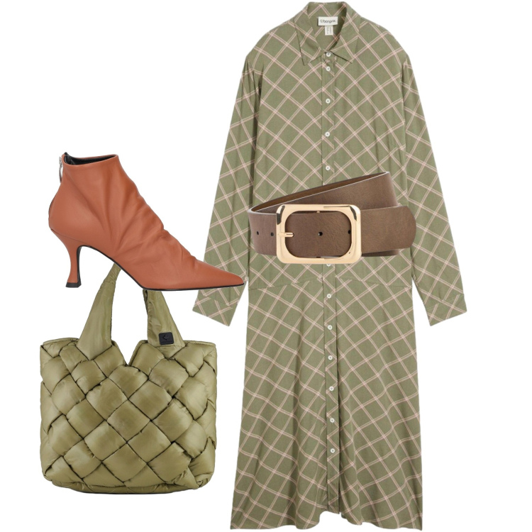 Outfit donna - Chemisier di Transizione. Stile Bon Ton per Ufficio. Abbinamento con stivaletti, cinture, vestiti chemisier, borse tote.