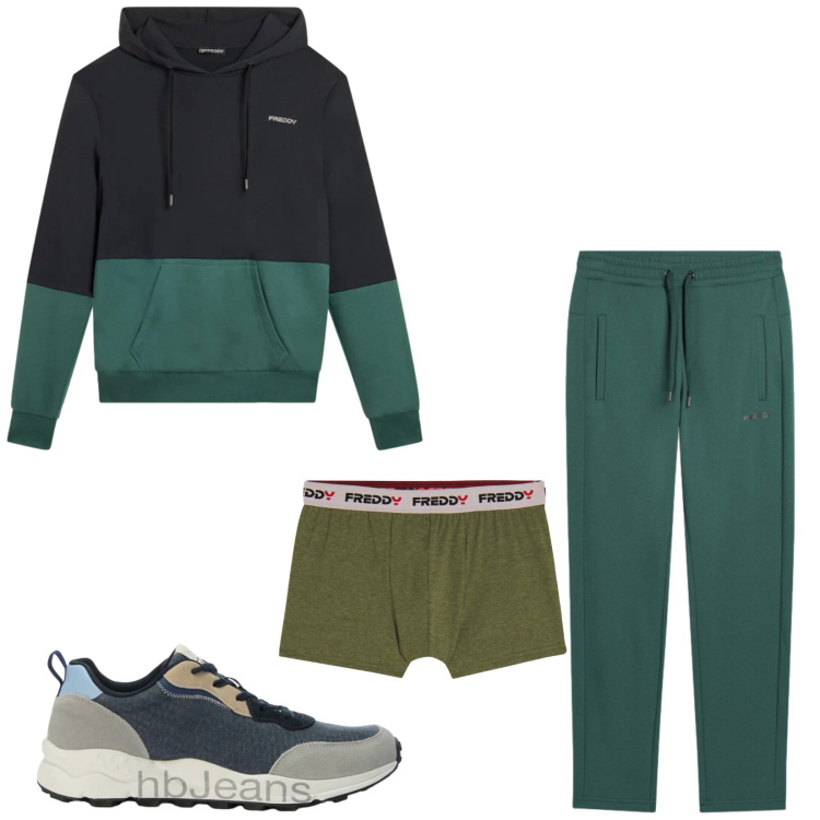 Outfit uomo - Total look #2470170. Stile Urban per Sport. Abbinamento con sneakers, felpe con cappuccio, pantaloni, boxer.