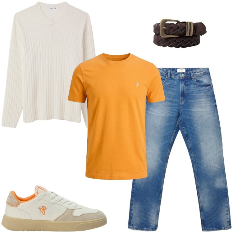 Outfit uomo - Mauro. Stile Casual per Tutti i giorni. Abbinamento con sneakers, t-shirt, maglieria, jeans dritti, cinture.