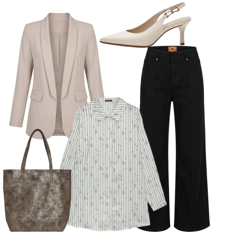 Outfit donna - Eleganza per il rientro - Focus Donna Cu. Stile Bon Ton per Ufficio. Abbinamento con décolleté, shopping bag, camicie, blazer, pantaloni.