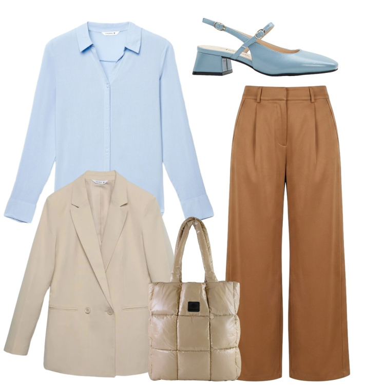 Outfit donna - Eleganza per il rientro - Focus Donna Cu. Stile Bon Ton per Ufficio. Abbinamento con décolleté, camicie, blazer, pantaloni a palazzo, shopping bag.
