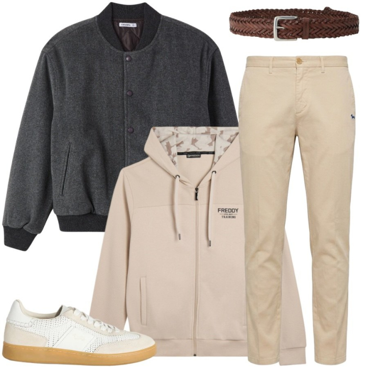 Outfit uomo - Andrea. Stile Casual per Tutti i giorni. Abbinamento con sneakers, pantaloni chino, cinture, bomber, felpe con cappuccio.