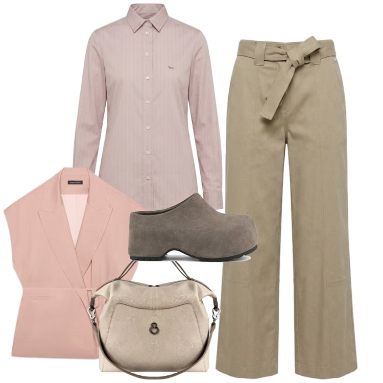 Outfit donna - Eleganza per il rientro - Focus Donna Cu. Stile Bon Ton per Ufficio. Abbinamento con pantaloni, camicie, gilet, borse a mano, zoccoli.