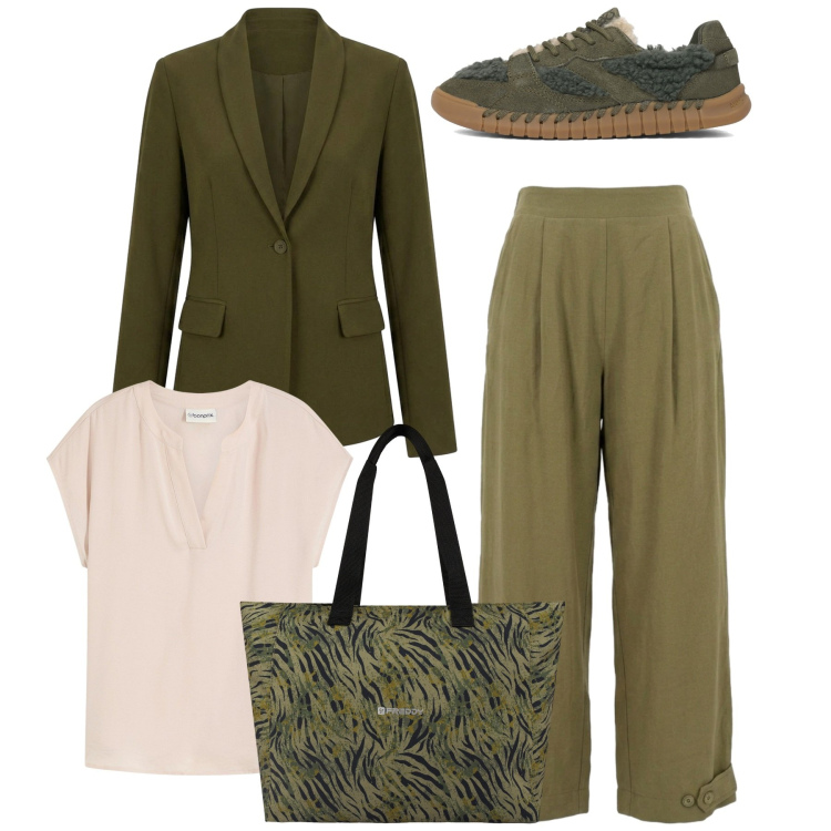 Outfit donna - Eleganza per il rientro - Focus Donna Cu. Stile Bon Ton per Tutti i giorni. Abbinamento con bluse, shopping bag, pantaloni, blazer, sneakers.