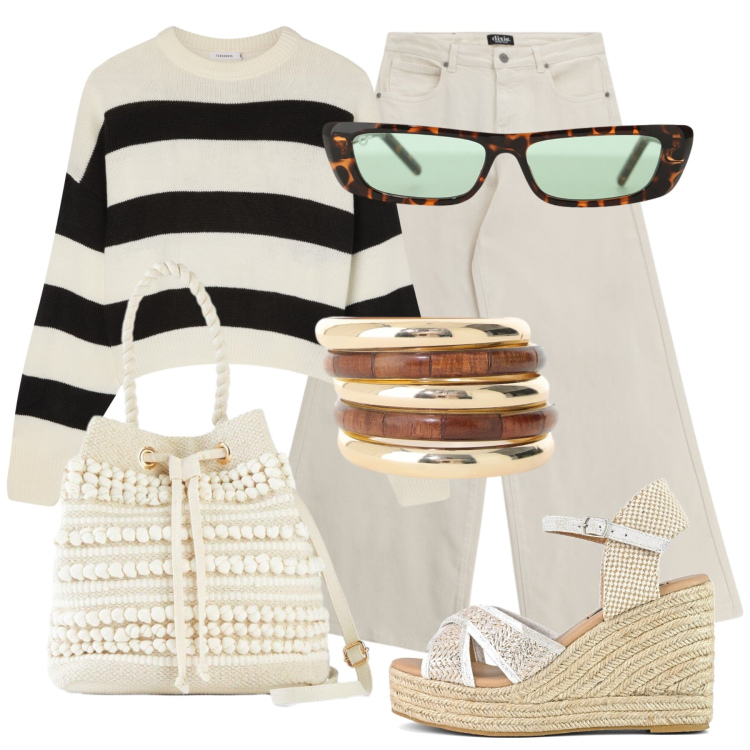 Outfit donna - Casual chic #1. Stile Casual chic per Tutti i giorni. Abbinamento con borse a secchiello, occhiali da sole, jeans, braccialetti, maglieria, zeppe.