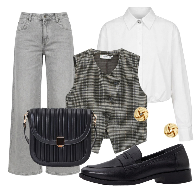 Outfit donna - Chic Urban Layering. Stile Sporty chic per Ufficio. Abbinamento con mocassini, borse a tracolla, gilet, camicie, jeans a zampa, orecchini.