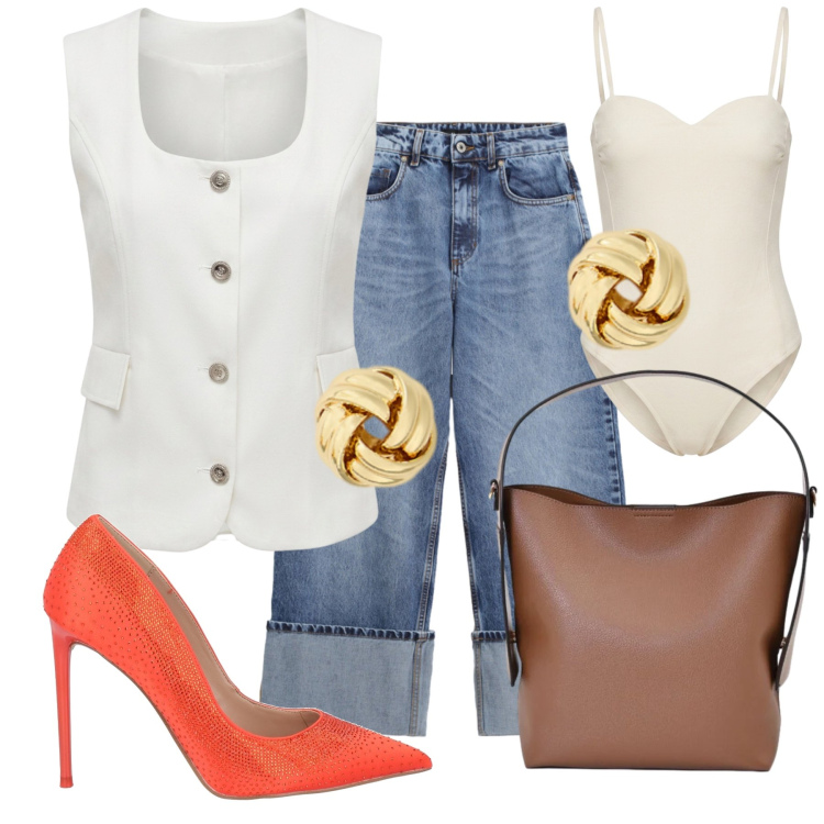 Outfit donna - Ufficio chic. Stile Chic per Ufficio. Abbinamento con décolleté, jeans, gilet, borse a mano, body, orecchini.
