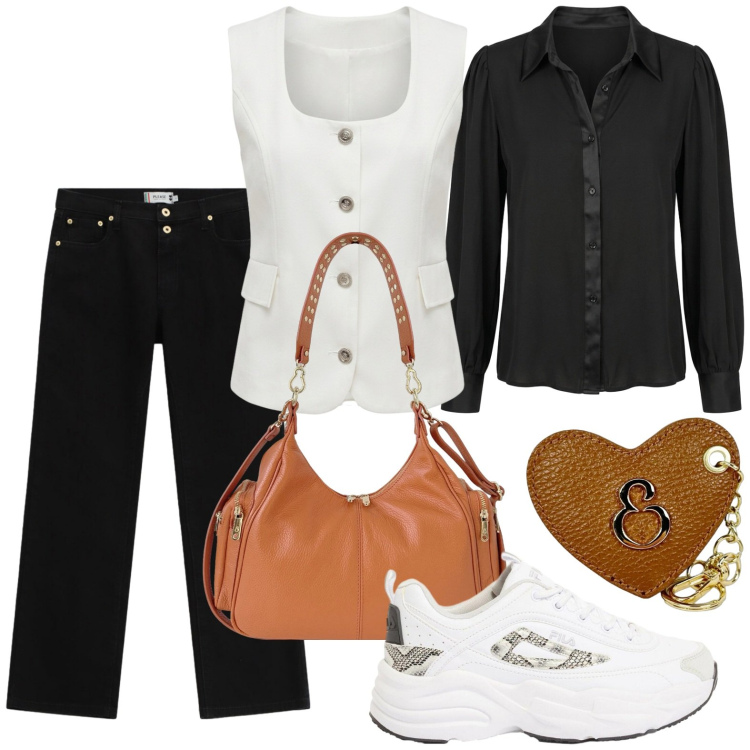 Outfit donna - Accessori glamour. Stile Casual per Tutti i giorni. Abbinamento con sneakers, gilet, pantaloni, borse a spalla, portachiavi, camicie.