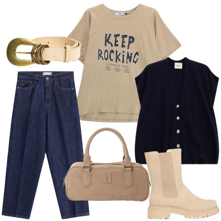 Outfit donna - T-shirt e gilet. Stile Casual per Tutti i giorni. Abbinamento con stivaletti, borse a mano, gilet, jeans, t-shirt, cinture.