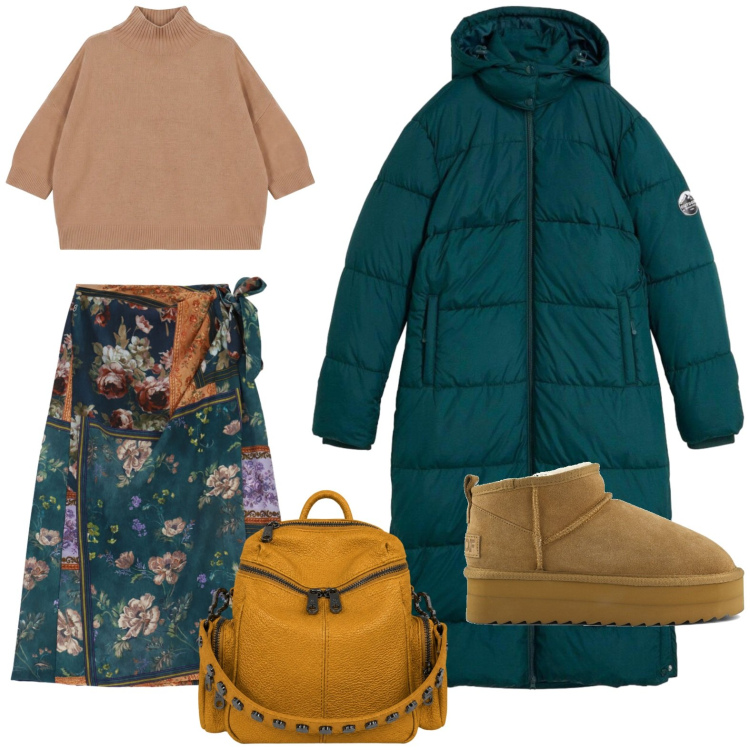 Outfit donna - Piumone avvolgente. Stile Casual per Tutti i giorni. Abbinamento con piumini, maglieria, gonne longuette, zaini, stivaletti.