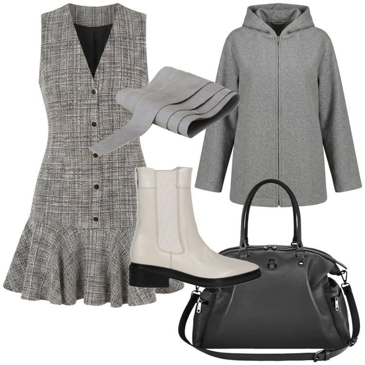 Outfit donna - Tubino svolazzante. Stile Casual per Ufficio. Abbinamento con stivaletti chelsea, cinture, vestiti corti, shopping bag, cappotti.