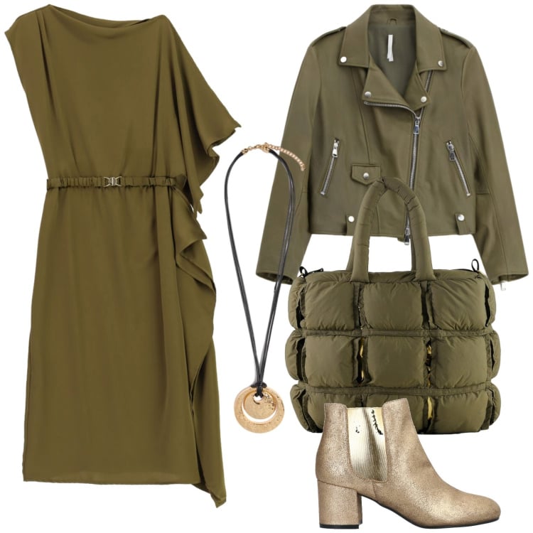 Outfit donna - Tubino sofisticato. Stile Casual per Tutti i giorni. Abbinamento con stivaletti chelsea, giacche, vestiti asimmetrici, ciondoli, borse a mano.