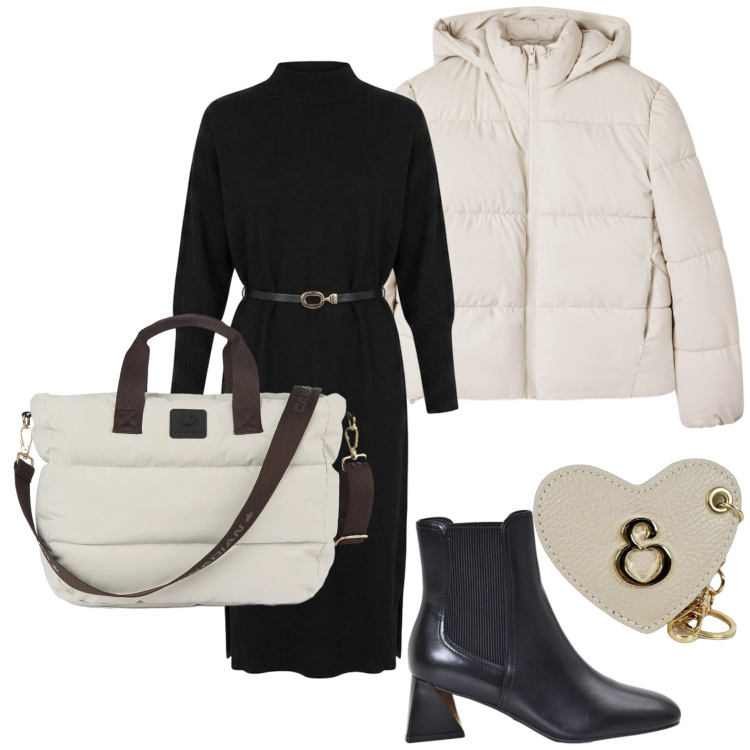 Outfit donna - Tubino caldo. Stile Casual per Ufficio. Abbinamento con bomber, stivaletti, portachiavi, borse tote, vestiti midi/longuette.