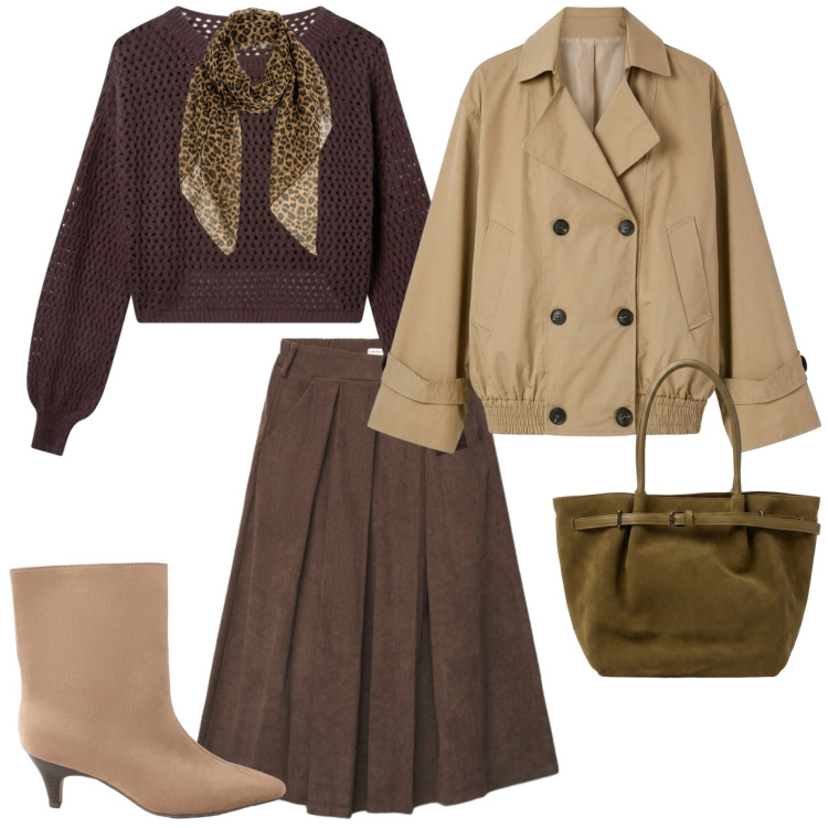 Outfit donna - Inizio dell\' autunno. Stile Urban per Tutti i giorni. Abbinamento con stivaletti, trench, maglieria, gonne, foulard, borse a spalla.