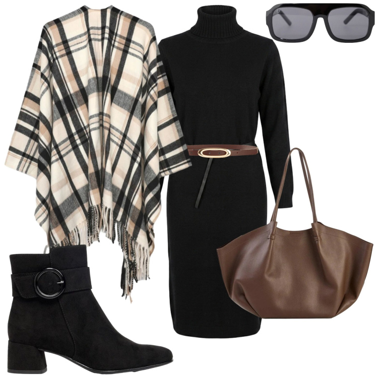 Outfit donna - In città. Stile Casual chic per Ufficio. Abbinamento con shopping bag, cinture, stivaletti, occhiali da sole, cappe, vestiti midi/longuette.