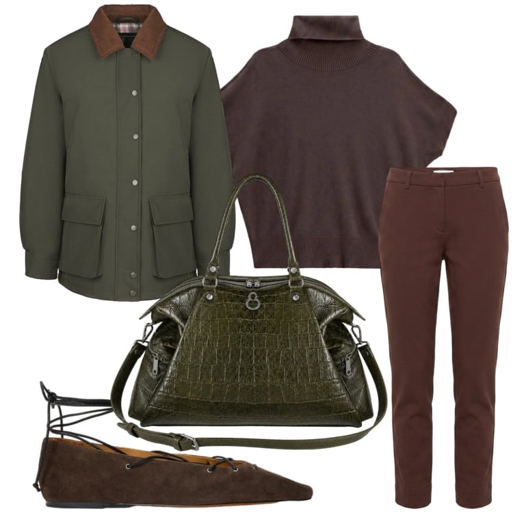 Outfit donna - Nuance bosco. Stile Casual per Ufficio. Abbinamento con pantaloni, t-shirt, shopping bag, cappotti, ballerine.