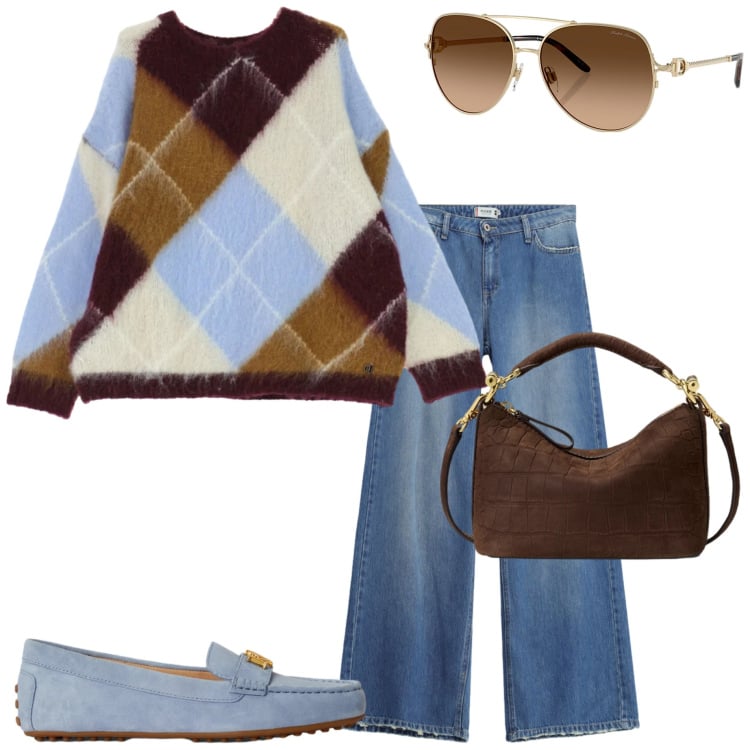 Outfit donna - Speciale accessori suade. Stile Casual chic per Ufficio. Abbinamento con maglieria, jeans dritti, occhiali da sole, mocassini, borse a spalla.