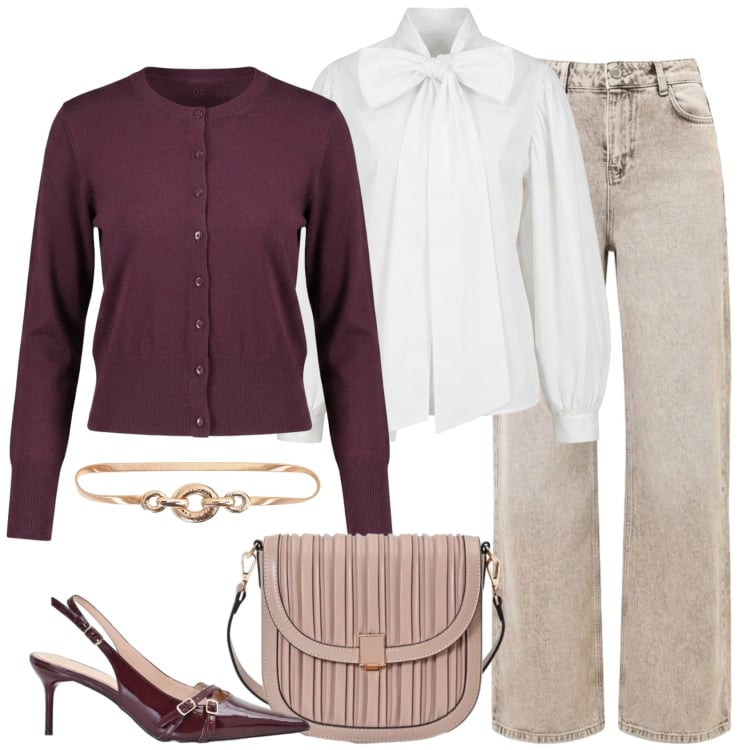Outfit donna - Coi fiocchi. Stile Trendy per Ufficio. Abbinamento con borse a tracolla, cinture, décolleté, jeans dritti, camicie, cardigans.