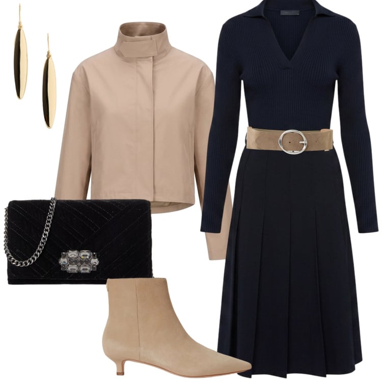 Outfit donna - Speciale accessori suade. Stile Casual chic per Serata fuori. Abbinamento con vestiti midi/longuette, cinture, blazer, orecchini, stivaletti, borse a tracolla.