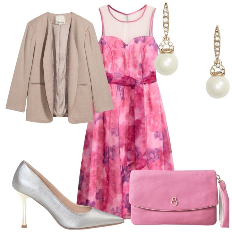 Outfit donna - Total look #2470261. Stile Romantica per Cerimonia. Abbinamento con blazer, vestiti midi/longuette, décolleté, pochette, orecchini.