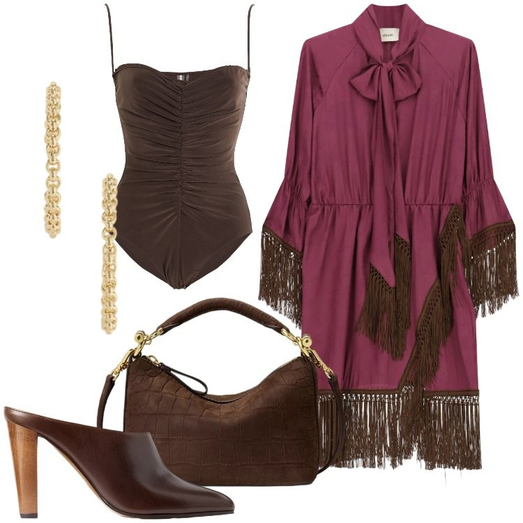 Outfit donna - Aperitivo di Settembre. Stile Trendy per Serata fuori. Abbinamento con body, vestiti corti, sabot, borse a spalla, orecchini.