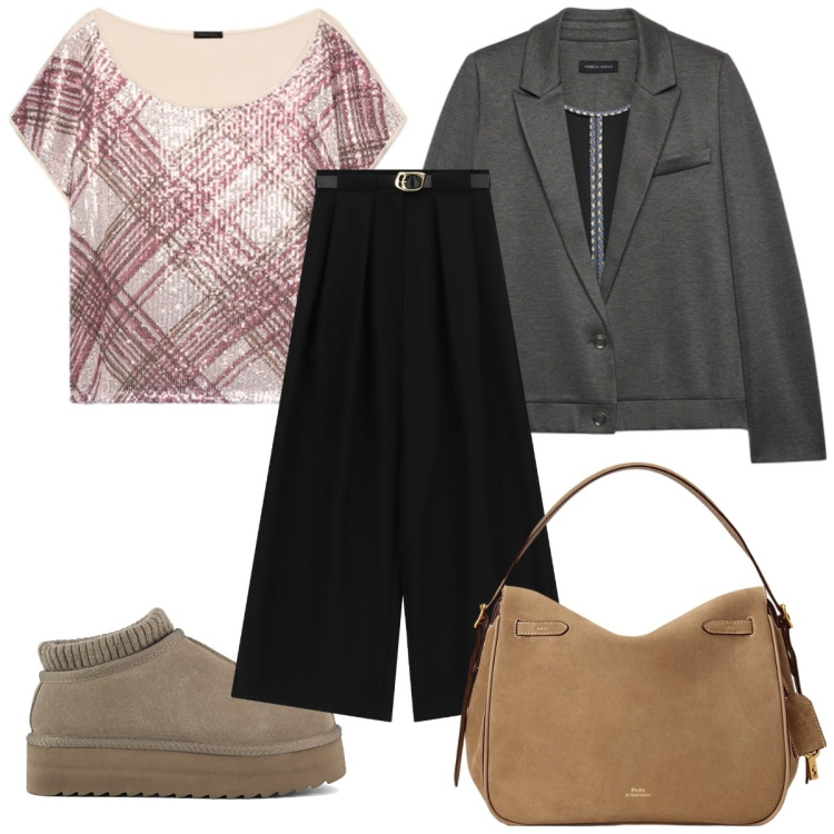 Outfit donna - Total look #2470264. Stile Casual per Tutti i giorni. Abbinamento con pantaloni a palazzo, blazer, t-shirt, borse a mano, sabot.