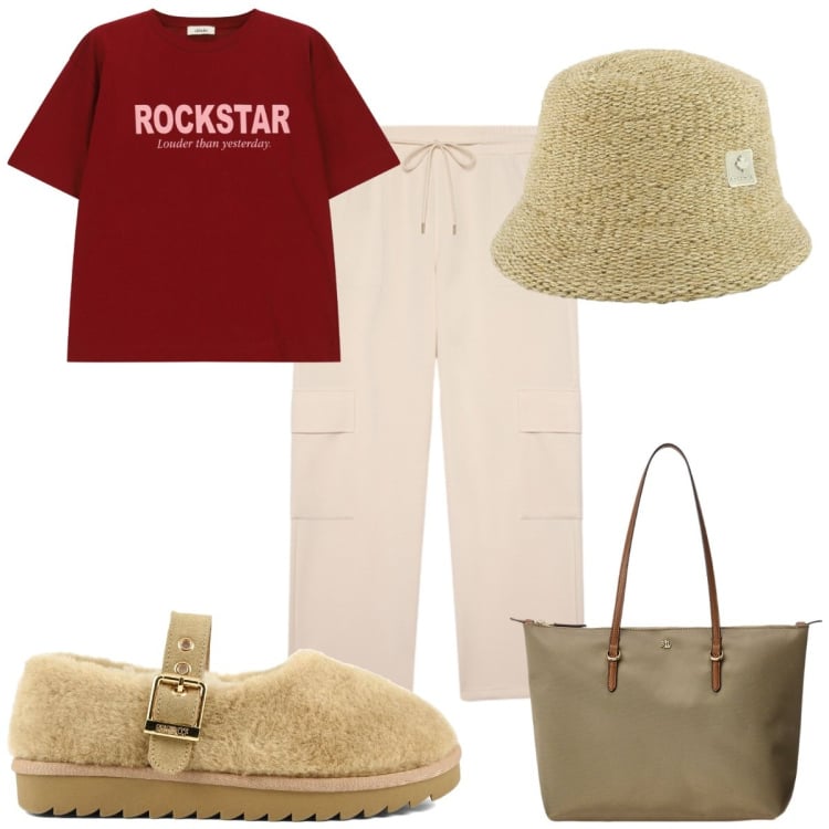 Outfit donna - Total look #2470265. Stile Basic per Tutti i giorni. Abbinamento con t-shirt, pantaloni cargo, cappelli, borse tote, ballerine.