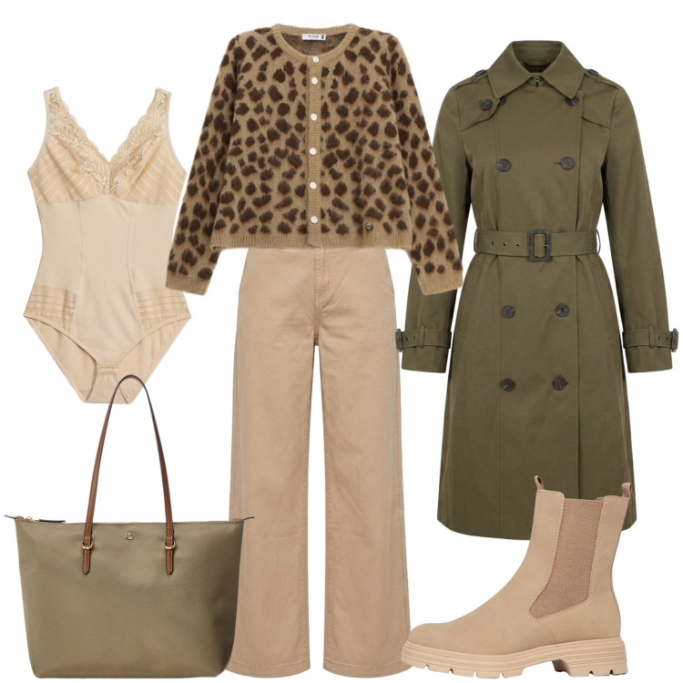 Outfit donna - Il trench alleato contro la pioggia. Stile Casual per Tutti i giorni. Abbinamento con body, stivaletti, cardigans, pantaloni, trench, borse tote.