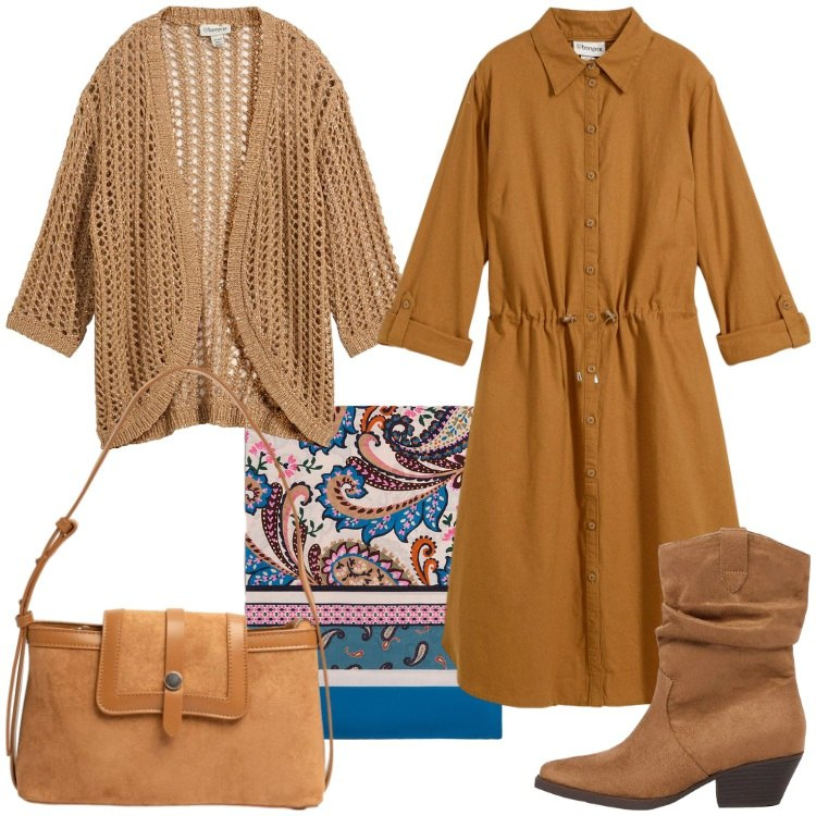Outfit donna - Chemisier di Transizione. Stile Etnico per Tutti i giorni. Abbinamento con vestiti chemisier, cardigans, stivaletti texani, foulard, borse a tracolla.
