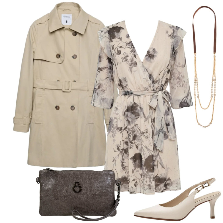 Outfit donna - Aperitivo. Stile Chic per Tutti i giorni. Abbinamento con décolleté, trench, vestiti corti, collane, pochette.