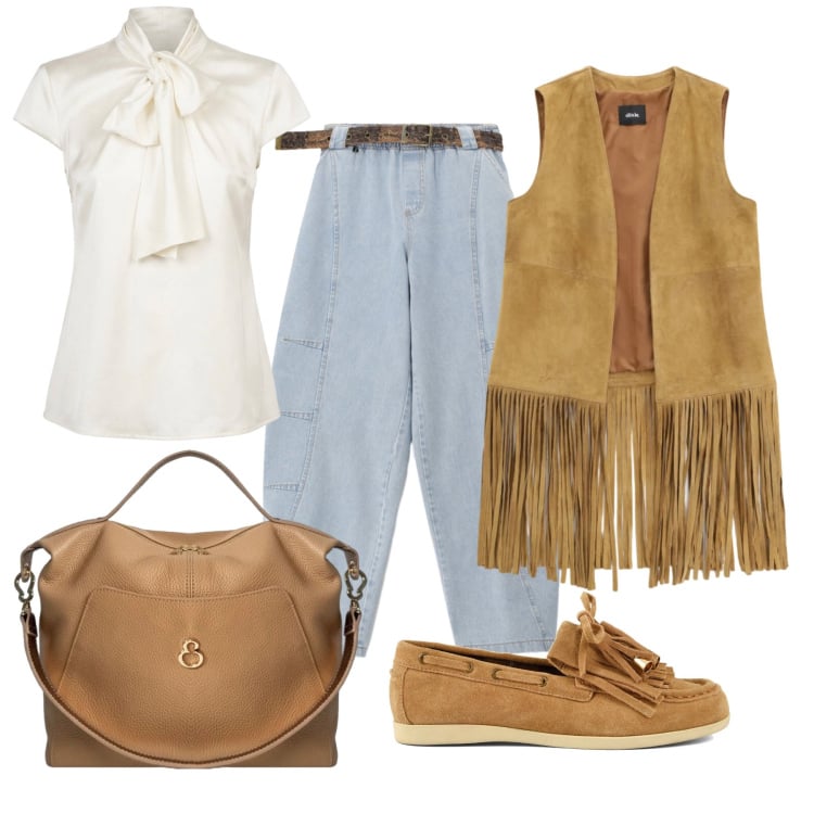 Outfit donna - Settembre. Stile Casual chic per Tutti i giorni. Abbinamento con jeans, gilet, borse a mano, camicie, mocassini.