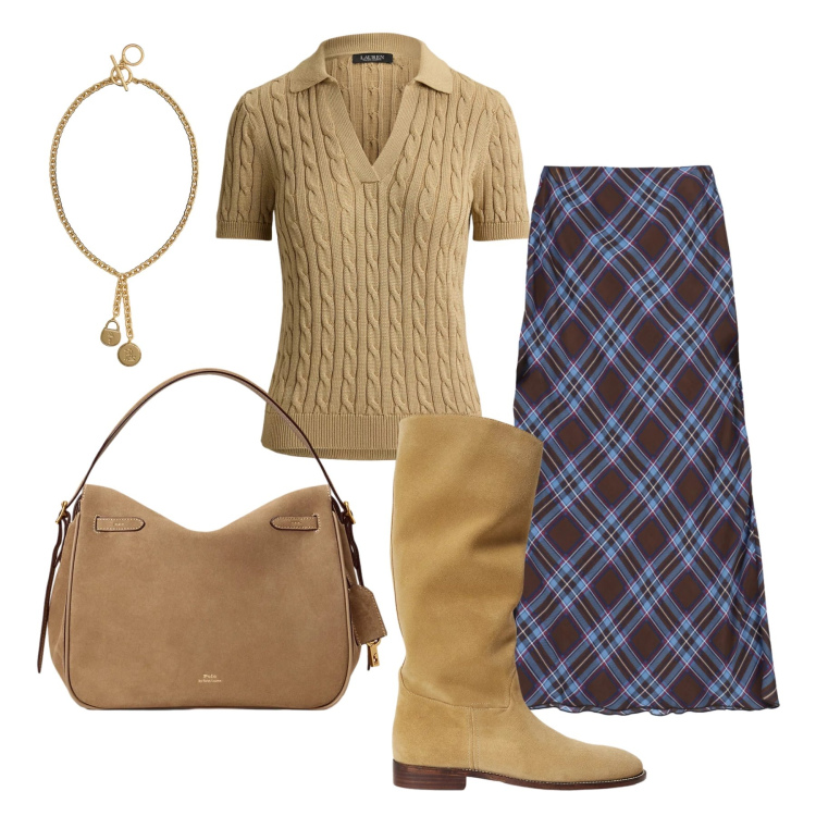 Outfit donna - Settembre. Stile Casual chic per Tutti i giorni. Abbinamento con gonne lunghe, borse a mano, polo, stivali, ciondoli.