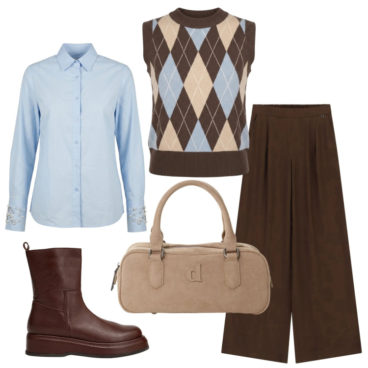 Outfit donna - In ufficio con il gilet a rombi. Stile Casual per Ufficio. Abbinamento con stivaletti, borse a mano, pantaloni a palazzo, camicie, maglieria.