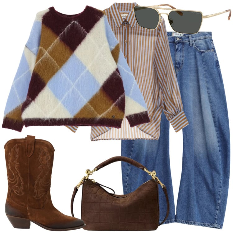 Outfit donna - Pullover e stivali. Stile Trendy per Tutti i giorni. Abbinamento con camicie, maglieria, stivaletti texani, jeans, occhiali da sole, borse a spalla.