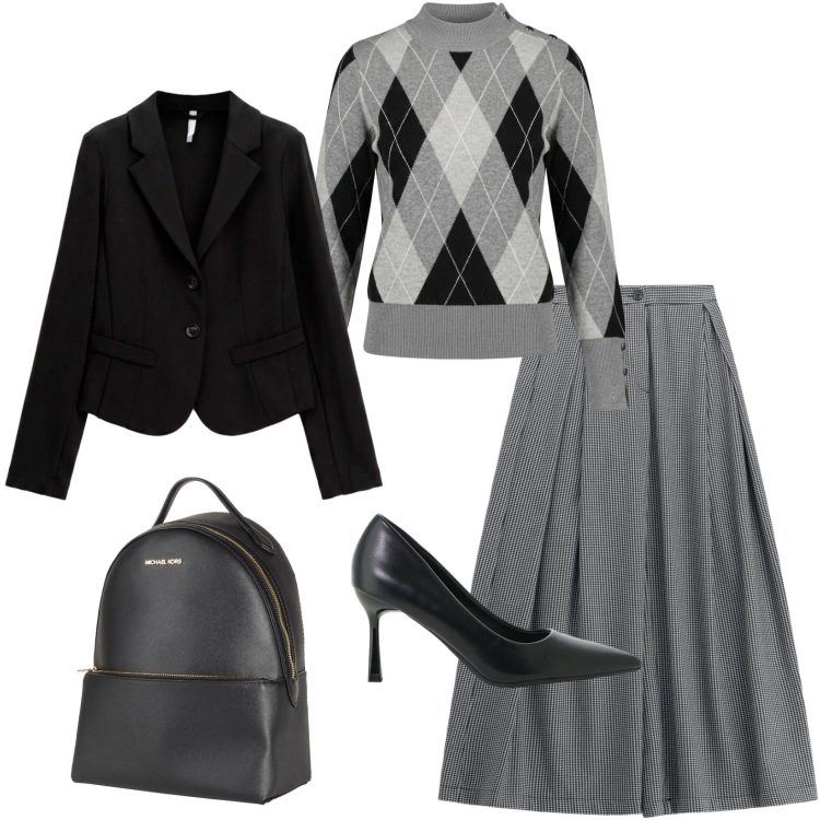 Outfit donna - Pranzo di lavoro. Stile Casual chic per Ufficio. Abbinamento con zaini, pantaloni a palazzo, blazer, décolleté, pullovers.