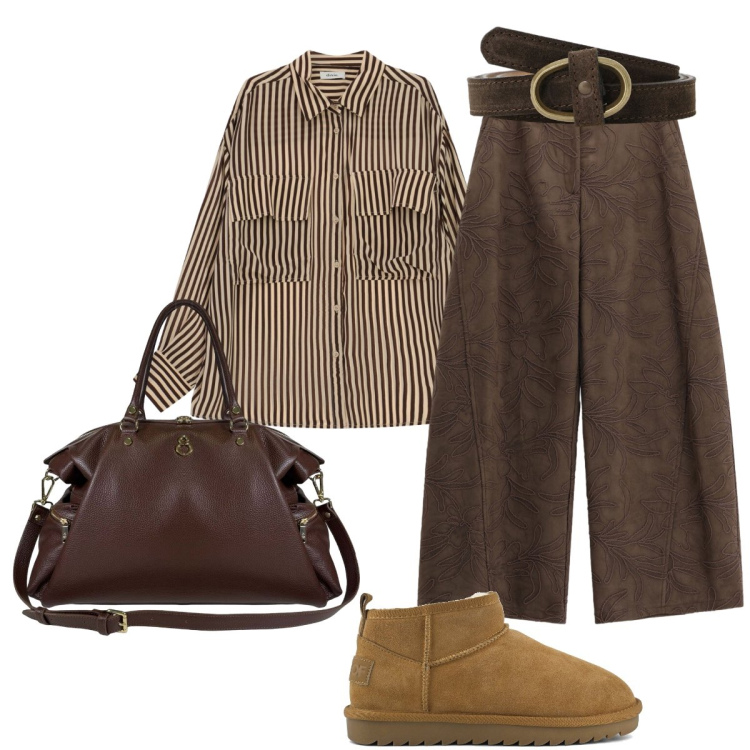 Outfit donna - Brown style. Stile Minimal per Tutti i giorni. Abbinamento con pantaloni a palazzo, camicie, cinture, borse a spalla, stivali.