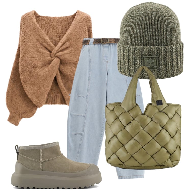 Outfit donna - Total look #2470283. Stile Urban per Tutti i giorni. Abbinamento con jeans, maglieria, borse tote, berretti, stivali.