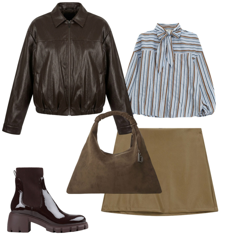 Outfit donna - City. Stile Casual chic per Tutti i giorni. Abbinamento con stivaletti, bluse, borse a spalla, minigonne, bomber.