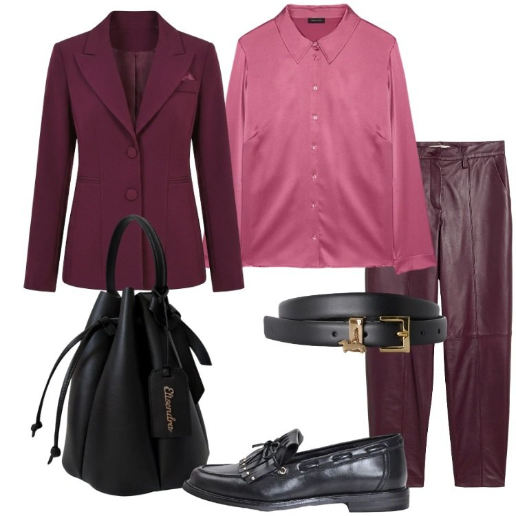 Outfit donna - Eleganza disinvolta per il rientro. Stile Trendy per Ufficio. Abbinamento con pantaloni, cinture, mocassini, blazer, camicie, borse a secchiello.