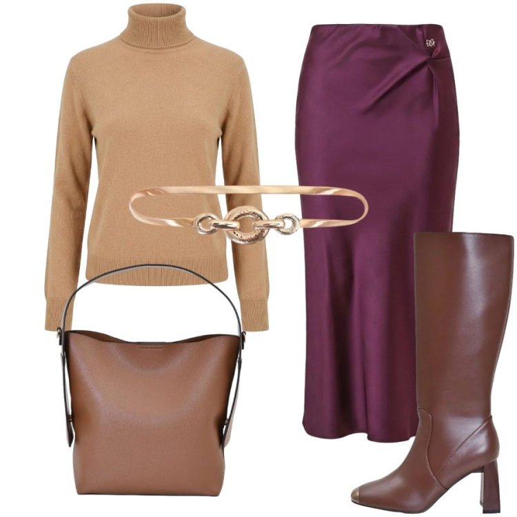 Outfit donna - Total look #2470286. Stile Casual chic per Ufficio. Abbinamento con gonne longuette, borse a mano, cinture, stivali sopra il ginocchio, pullovers.