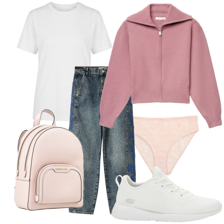 Outfit donna - Total look #2470287. Stile Urban per Scuola/Università. Abbinamento con zaini, sneakers, t-shirt, jeans, maglieria, culotte.