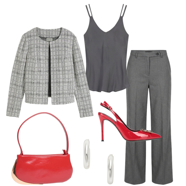 Outfit donna - Cresima. Stile Chic per Cerimonia. Abbinamento con décolleté, cardigans, top, pantaloni a palazzo, portafogli, orecchini.