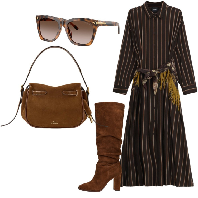 Outfit donna - Per le vie del centro. Stile Chic per Tutti i giorni. Abbinamento con vestiti lunghi, stivali, occhiali da sole, borse a mano.