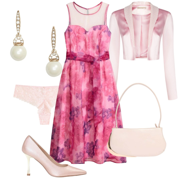 Outfit donna - Princess. Stile Romantica per Cerimonia. Abbinamento con culotte, vestiti midi/longuette, bolero, décolleté, portafogli, orecchini.